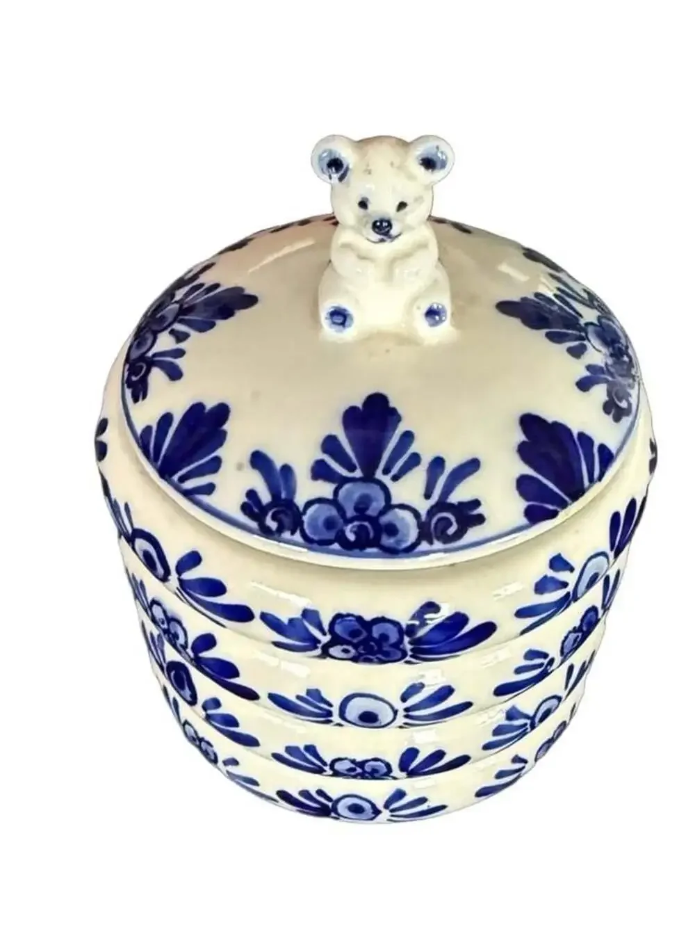 Vintage Delft Blue Ceramic Honey Jar with Teddy Bear Lid